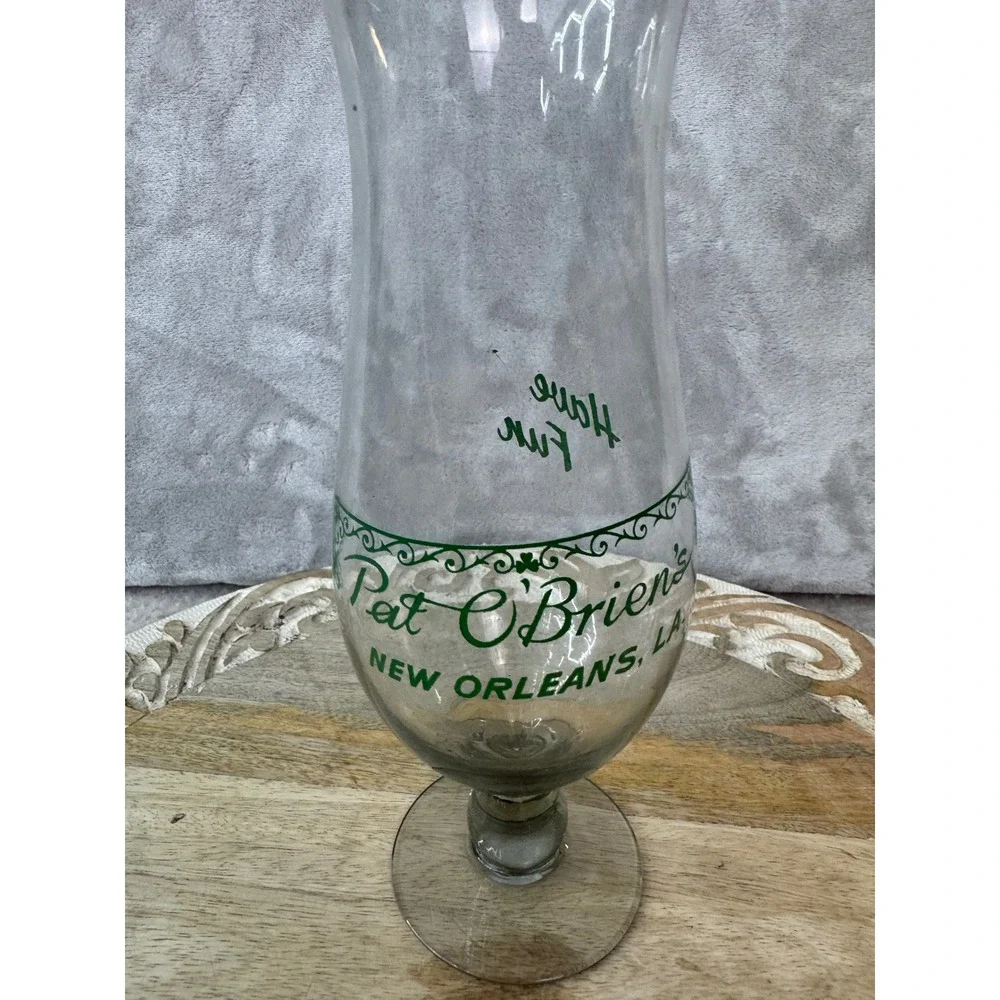 Pat O'Briens New Orleans Hurricane Glass Have Fun Green‎ Logo Souvenir 10 inch